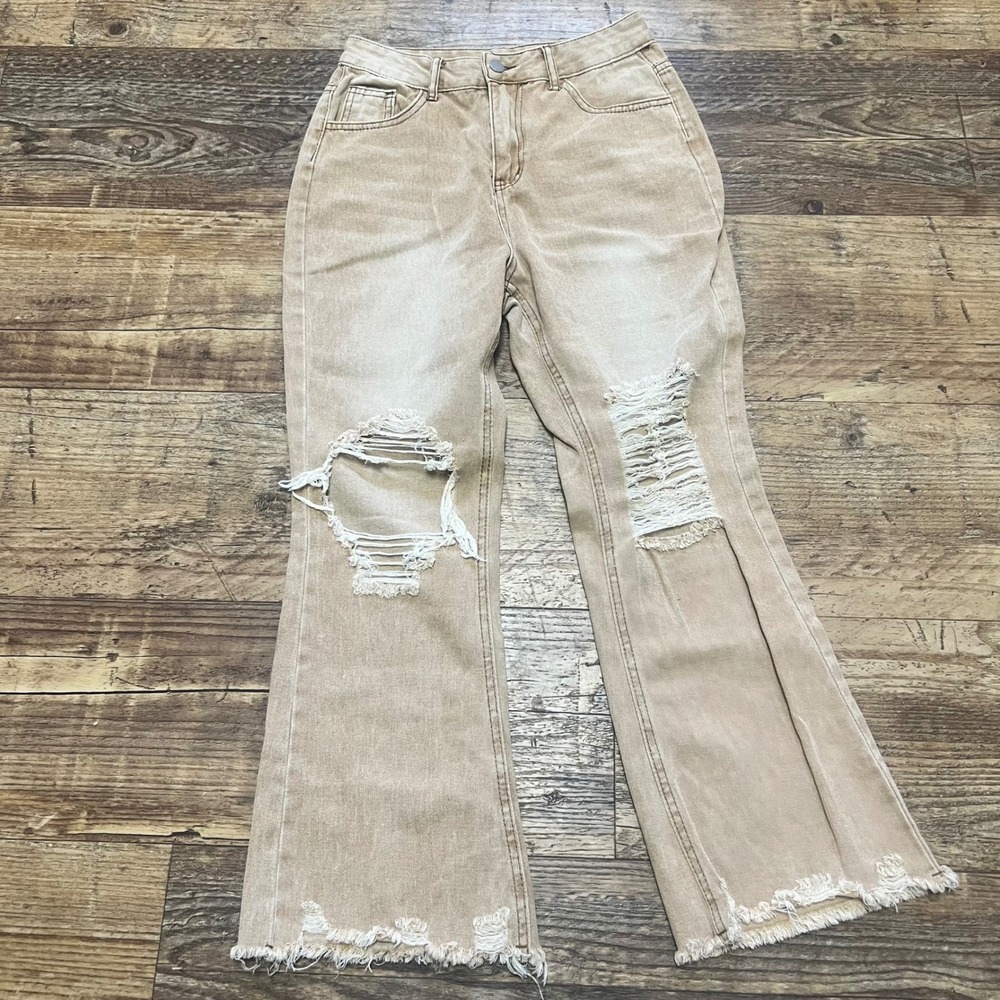 Unbranded Tan Distressed Flare Jeans High Rise Ripped Raw Hem Sand Wash Size M